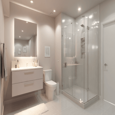 Modern Bathroom Design With Floating Vanity and Glass Shower Enclosure