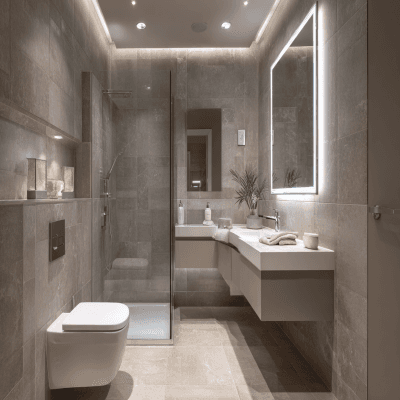 Modern Bathroom Design with LED Mirror and Quartz Countertop