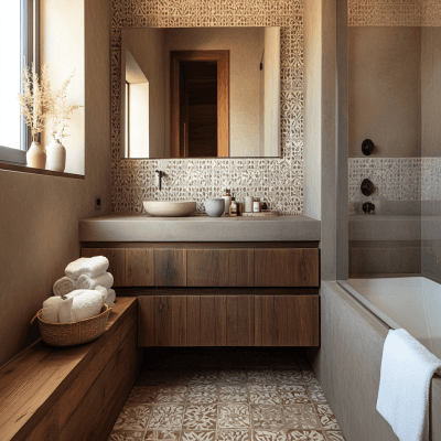 Modern Bathroom Design with Pattern Tile and Wooden Vanity