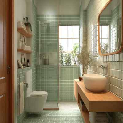 Modern Bathroom Design with Pista Green Tiles and Open Vanity