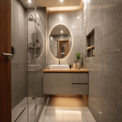 Modern Bathroom Design With Textured Grey Vitrified Tiles