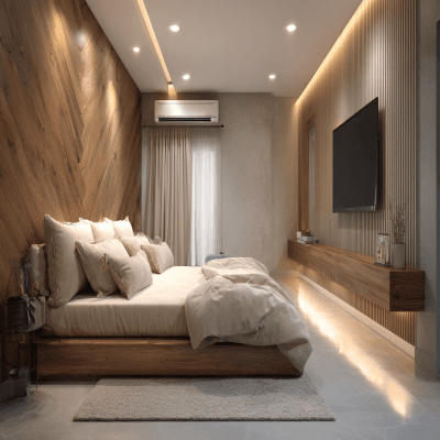 Modern Bedroom Design With A Cream Cushioned Bed And A Wooden Wall-Mounted TV Unit