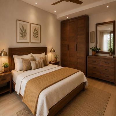 Modern Bedroom Design With A Double Bed And A Wooden Dresser