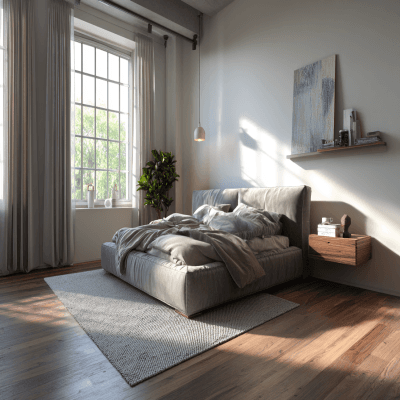 Modern Bedroom Design With A Grey Upholstered Bed And Wall-Mounted Side Table