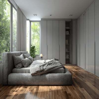 Modern Bedroom Design With A Grey Upholstered Platform Bed