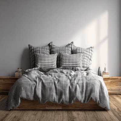 Modern Bedroom Design With A King Size Bed And Checkered Cushions