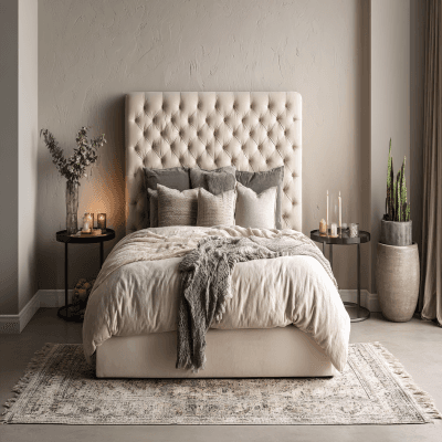 Modern Bedroom Design With A King Size Bed With A Cream Tufted Headboard