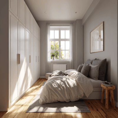 Modern Bedroom Design With A Queen Bed And A White Wardrobe