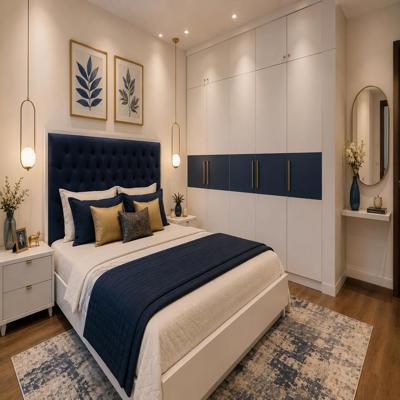 Modern Bedroom Design With A White Double Bed With Blue Tufted Headboard