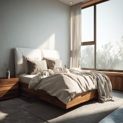 Modern Bedroom Design With A Wooden Bed And A White Backrest