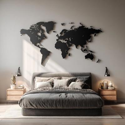 Modern Bedroom Wall Design With Black Metal World Map Decor