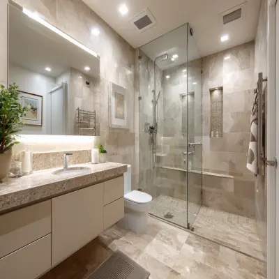 Modern Beige Bathroom Design With A Quartz Countertop