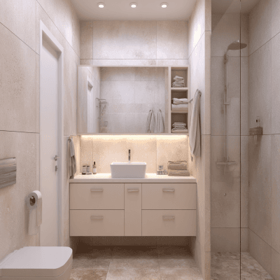 Modern Beige Bathroom Design With Storage Cabinets