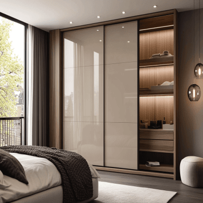 Modern Beige Sliding Wardrobe Design with Lacquered Glass Finish