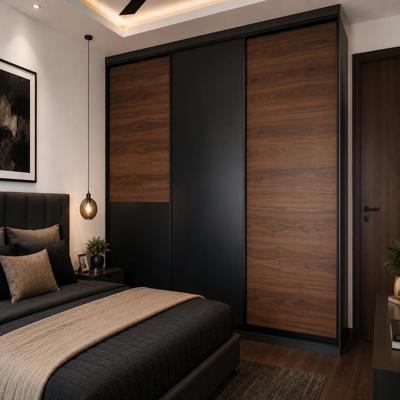 Modern Black and Wood Sliding Door Wardrobe Design