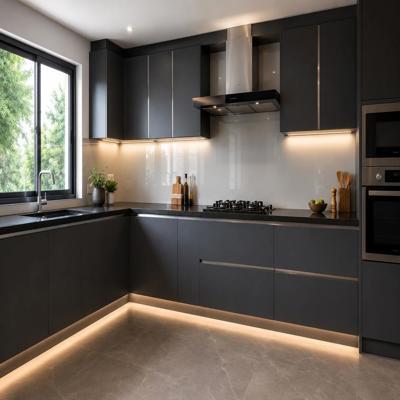 Modern Black Indian Kitchen Design With L Shaped Layout