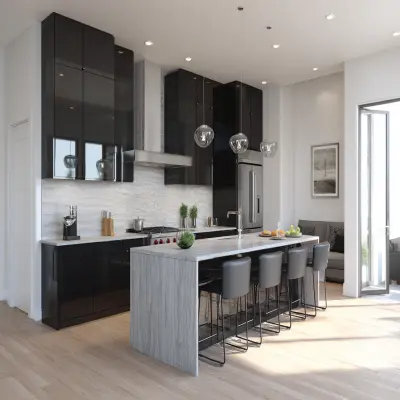 Modern Black Island Kitchen Design With Glossy Cabinets and Quartz Top