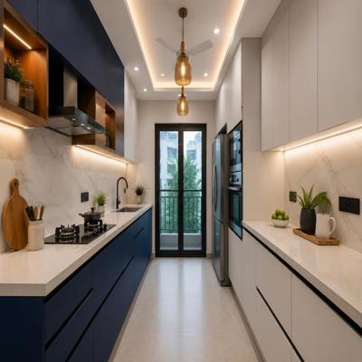 Modern Blue And Frosty White Parallel Kitchen Design With Marble Backsplash