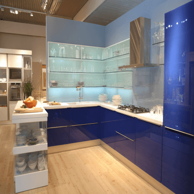 Modern Blue and White L Shape Kitchen Design with Glass Cabinets