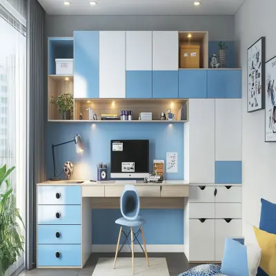Modern Blue And White Study Room Design With Loft Storage
