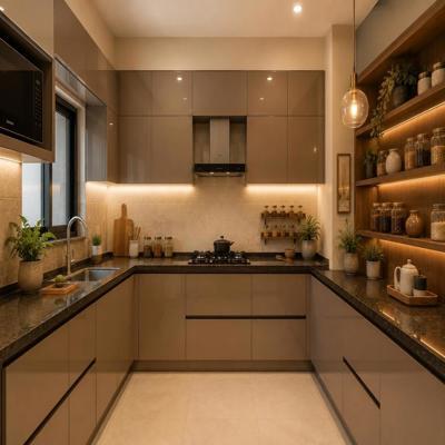 Modern Cappuccino U Shaped Kitchen Design with Granite Countertops and Open Shelving