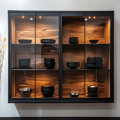 Modern Crockery Unit Design with Black Glass and Wood Wall Unit