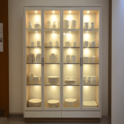 Modern Crockery Unit Design with Glass Doors and Shelves