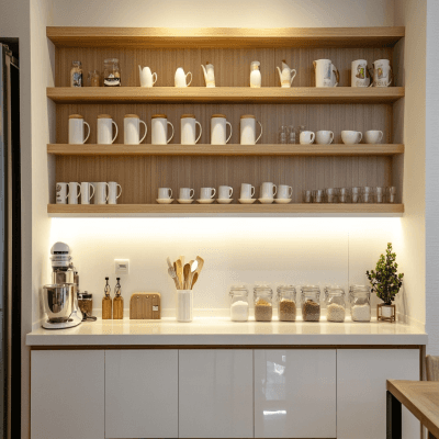 Modern Crockery Unit Design with Open and Closed Storage