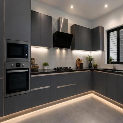 Modern Dark Grey Modular Kitchen Design With Profile Handles