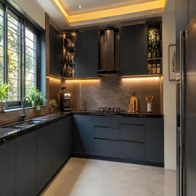 Modern Dark L Shaped Kitchen Design With Strip Lights