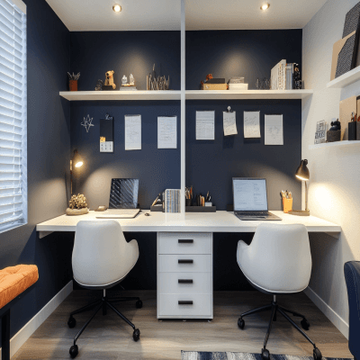 Modern Frosty White And Dark Blue Study Room Design For Two