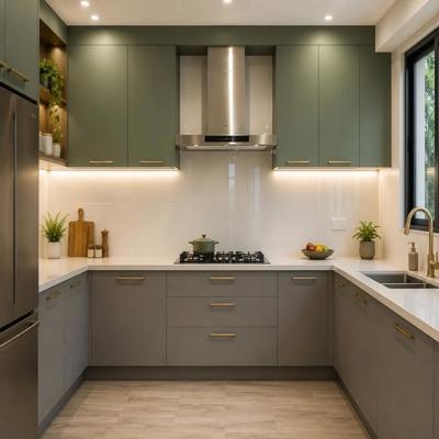 Modern Grey And Green Modular Kitchen Design