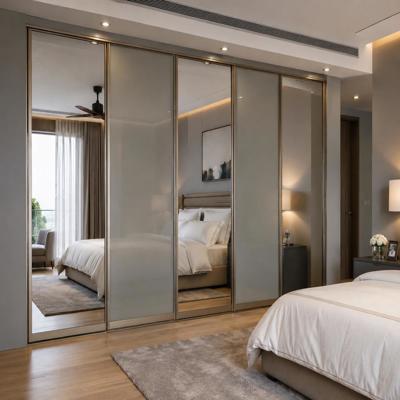 Modern Grey And Silver Frost 4 Door Sliding Door Wardrobe Design With Mirror