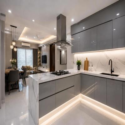 Modern Grey High Gloss Cabinets Open Kitchen Design with Marble Top