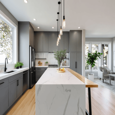 Modern Grey Kitchen Island Design With Quartz Countertop