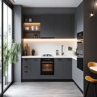Modern Grey L-Shaped Kitchen Design with Quartz Countertop