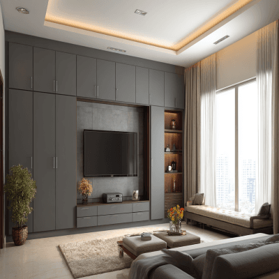 Modern Grey Swing Wardrobe Design with Built-in TV Unit