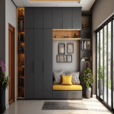 Modern Grey Swing Wardrobe Design With Overhead Loft Cabinet