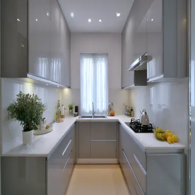 Modern Grey U-Shaped Kitchen Design with Quartz Countertops with High Gloss Finish