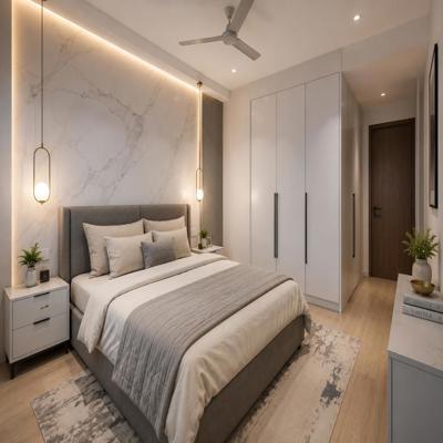 Modern Guest Bedroom Design With Grey Bed And Marble Accent Wall
