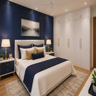 Modern Guest Bedroom Design With King Size Bed And Blue Accent Wall