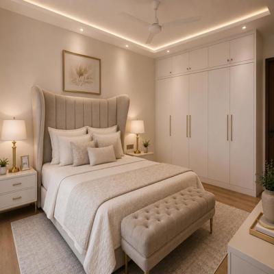 Modern Guest Bedroom Design With Wingback Headboard Bed and Plush Bench