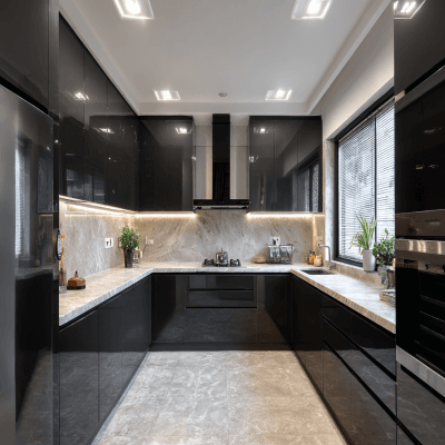 Modern High Gloss U-Shaped Kitchen Design in Black With Marble Accents