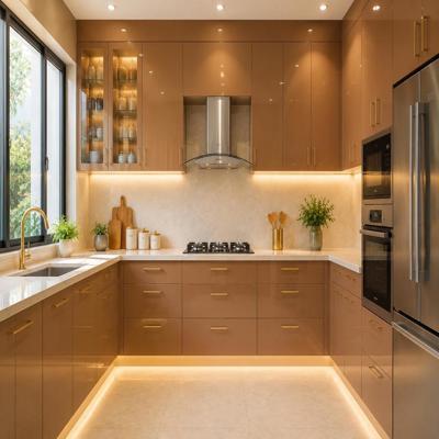 Modern Irish Cappuccino Modular U Shaped Kitchen Design With High Gloss Finish