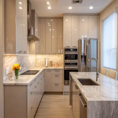 Modern Irish Cream L-Shaped Kitchen Design with Quartz Counter