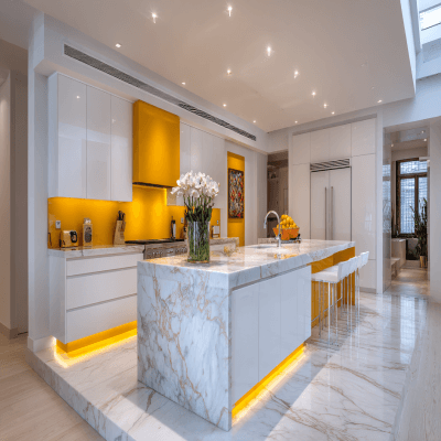 Modern Island Kitchen Design in White and Marigold Yellow