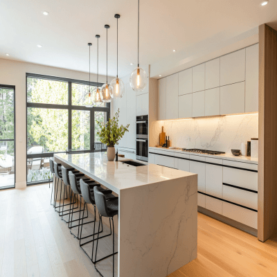 Modern Island Kitchen Design with Quartz Countertop and Pendant Lighting