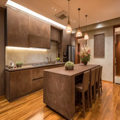 Modern Island Kitchen Design with Suede Finish in Brown Palette