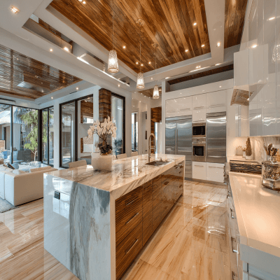Modern Island Kitchen Design with Wood Ceiling and Marble Countertops
