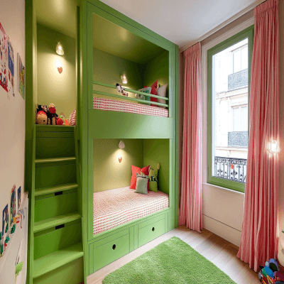 Modern Kids Bedroom Design With Built In Green Bunk Bed